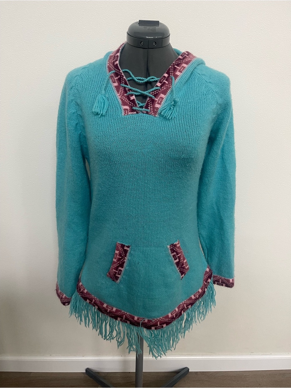 Turquoise Alpaca Fringe Hooded Sweater with Maroon Trim